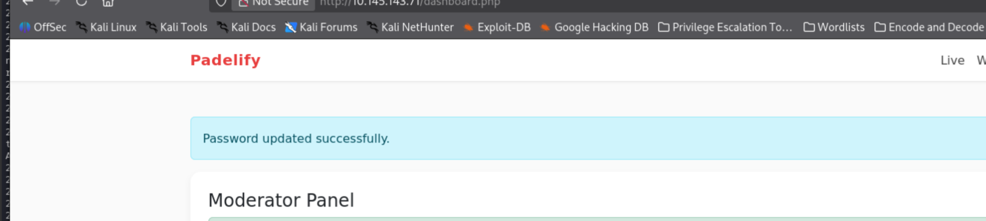 moderator dashboard showing password update confirmation